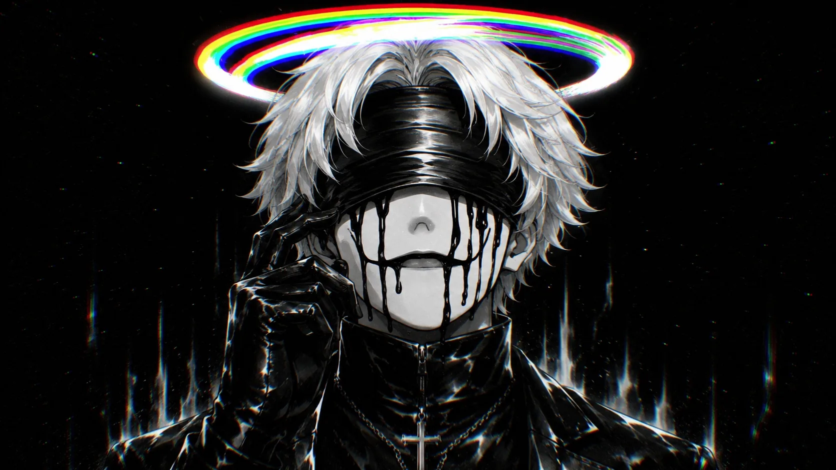 Studio key art: a masked figure with a rainbow halo, hand raised beside the face.